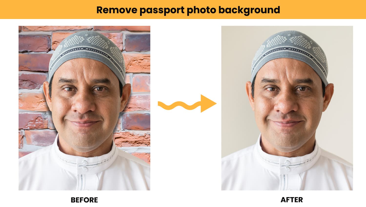 Before and after: background removed from a passport photo